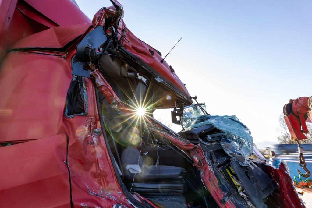 A severely crushed red semi truck cabin demonstrates the force that leads to catastrophic Types of Injuries People Suffer in Truck Accidents.