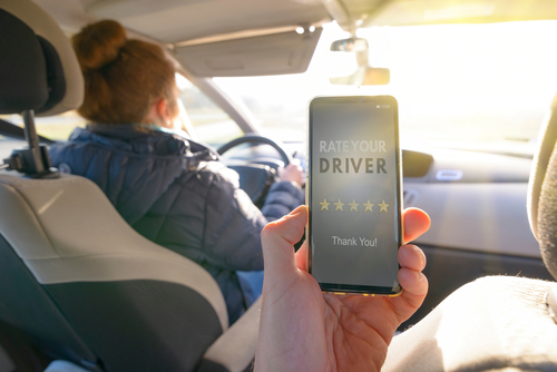 Passenger holding a smartphone showing a “Rate Your Driver” five star screen while sitting in the backseat of a rideshare vehicle with the driver visible.
