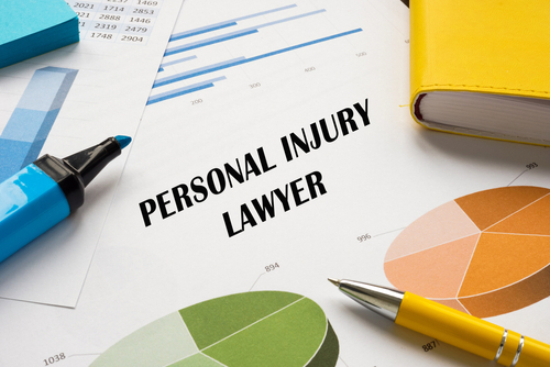 Documents and charts on a desk with the words personal injury lawyer written on paper.