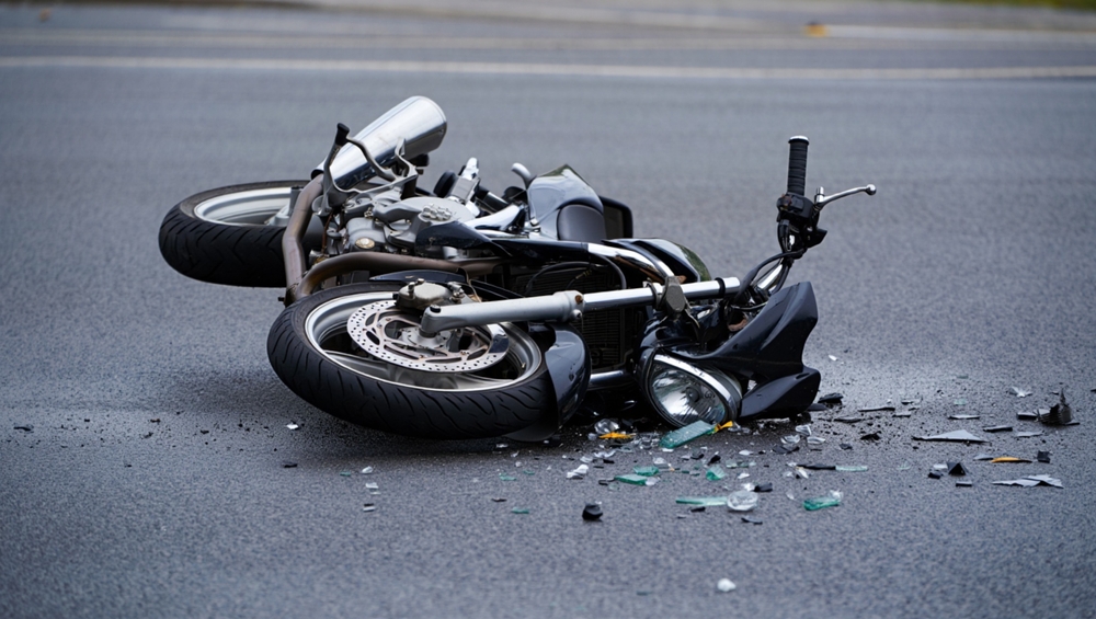 A motorcycle accident scene, showcasing a fallen bike amidst scattered glass and debris on the road