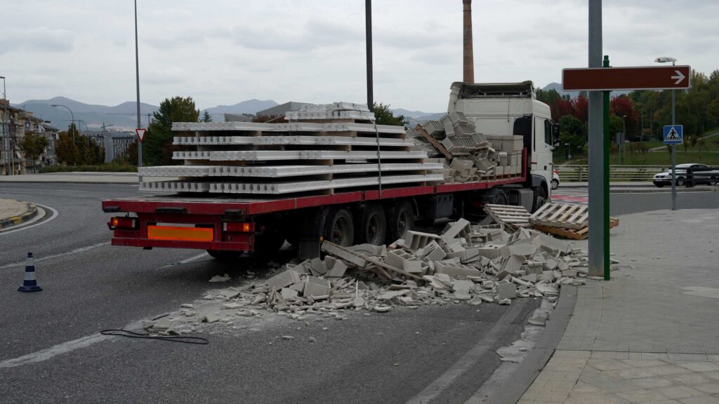 Cargo spill accident involving construction materials falling from a flatbed truck in Bakersfield, creating road hazards and legal liability concerns.